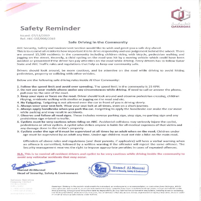 Safety Reminder: Safe Driving in the Community