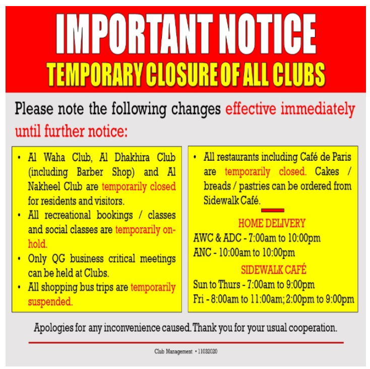 Important Notice: Temporary Closure of All Clubs