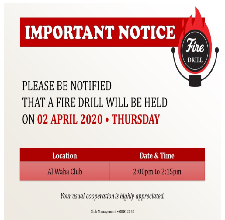 Important Notice: April 2020 Fire Drill Schedule