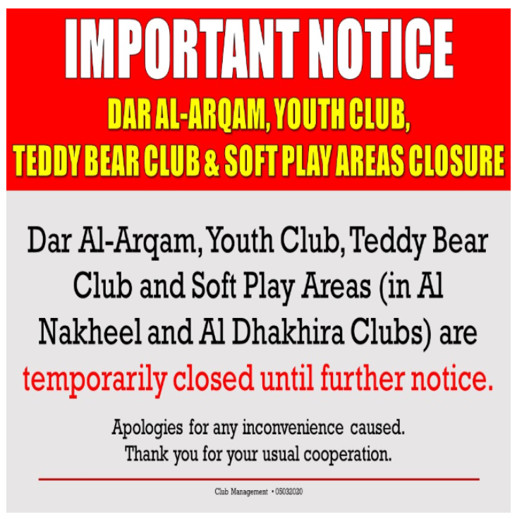 Important Notice: DAA, Youth Club, TBC and Soft Play Areas Closure
