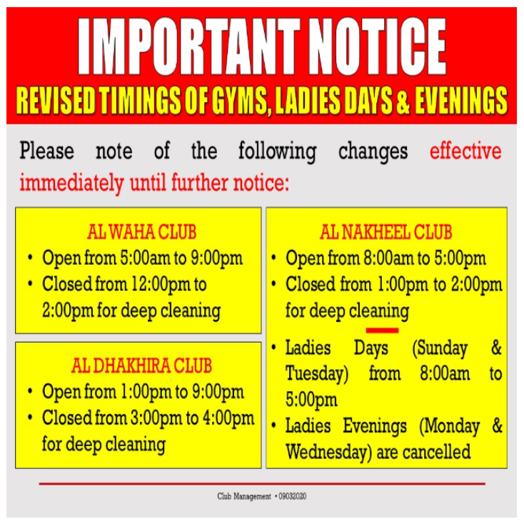 Important Notice: Revised Timings of Gyms, Ladies Days & Evenings