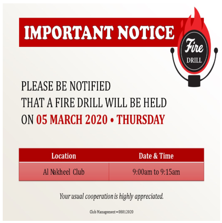 Important Notice: March 2020 Fire Drill Schedule
