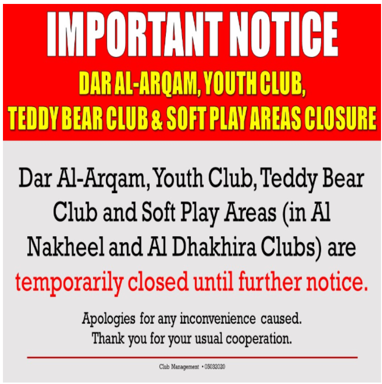 Important Notice: DAA, Youth Club, TBC and Soft Play Areas Closure