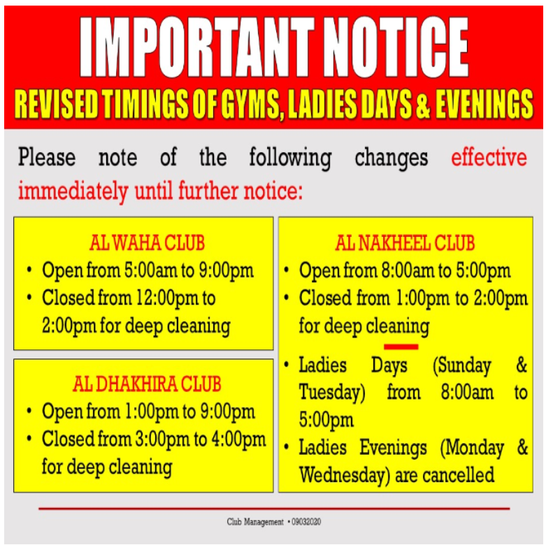 Important Notice: Revised Timings of Gyms, Ladies Days & Evenings