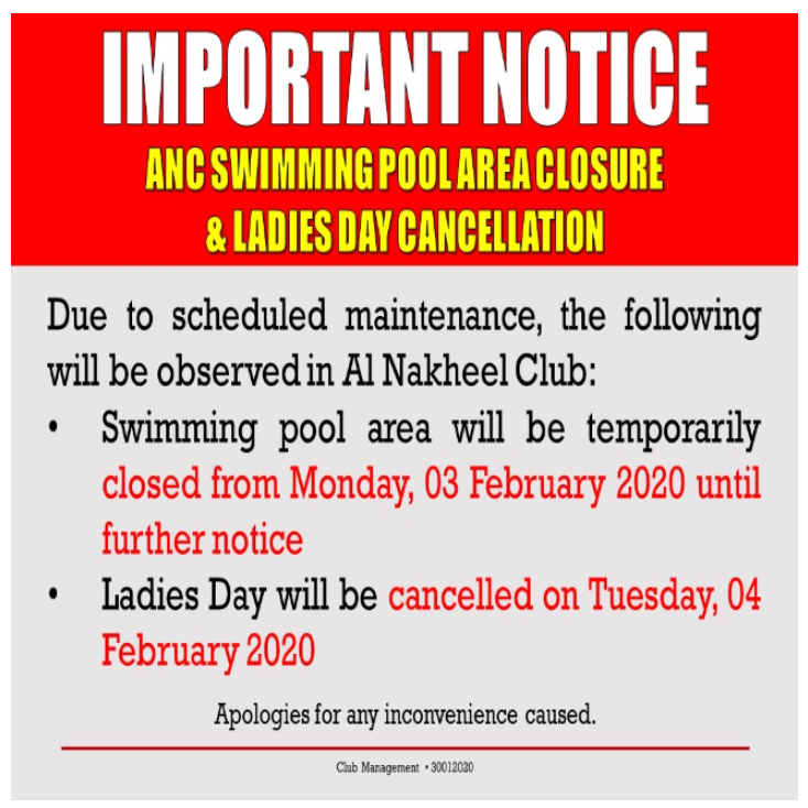Important Notice: ANC Swimming Pool Closure & Ladies Day Cancellation
