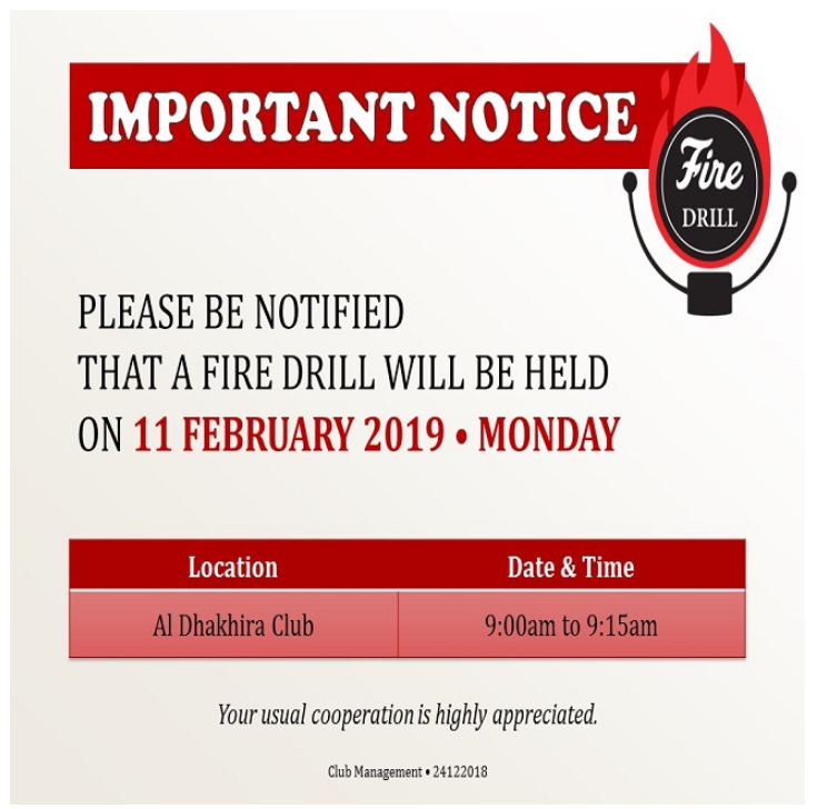 Important Notice: February 2020 Fire Drill Schedule