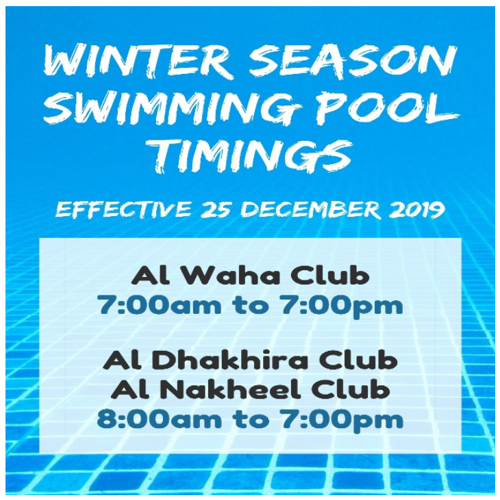 Winter Season Swimming Pool Timings - Effective December 2019