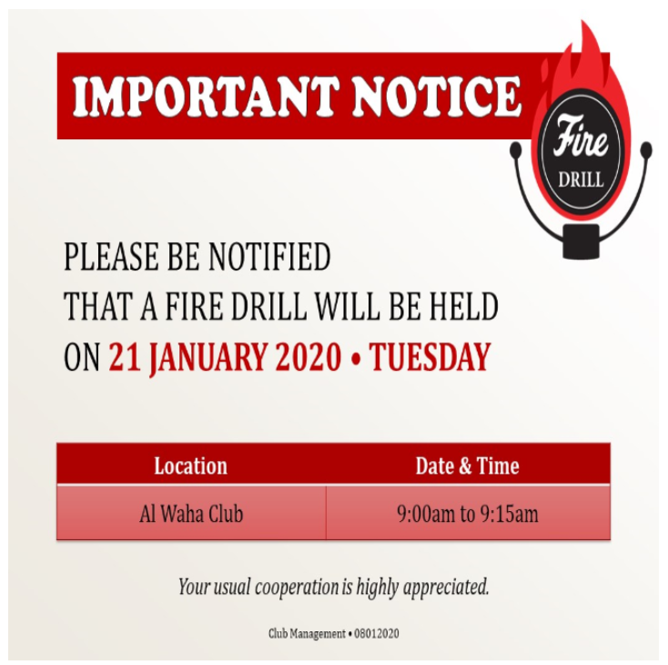 Important Notice: January 2020 Fire Drill Schedule
