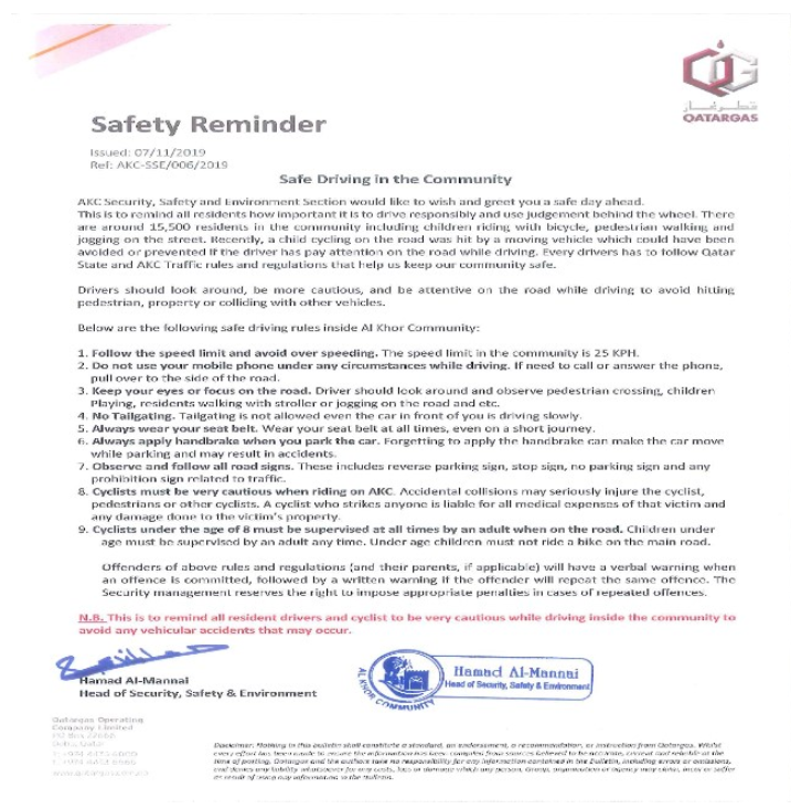 Safety Reminder: Safe Driving in the Community