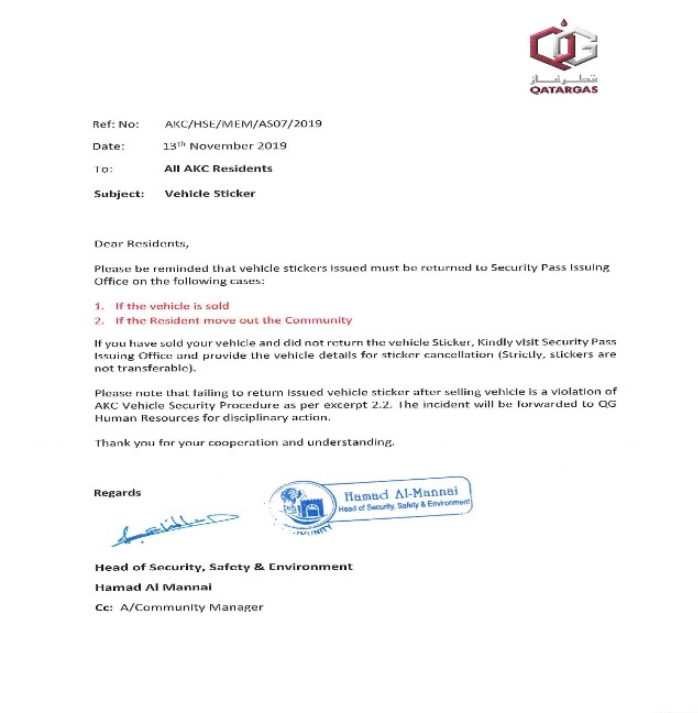 Memo: Vehicle Sticker