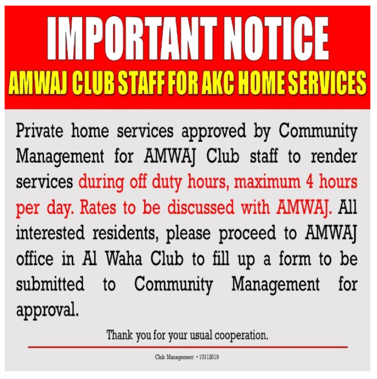 Important Notice: AMWAJ Club Staff for AKC Home Services