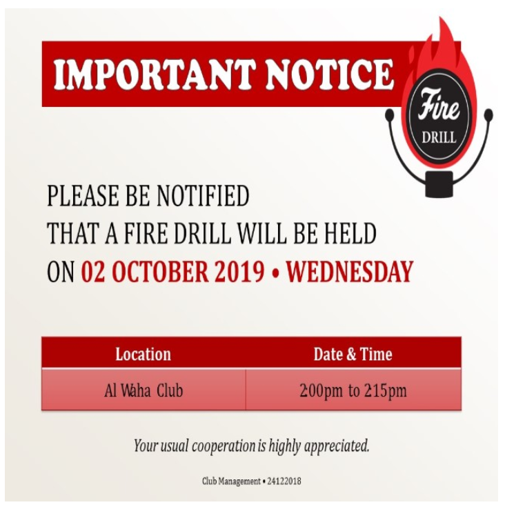 Important Notice: October 2019 Fire Drill Schedule