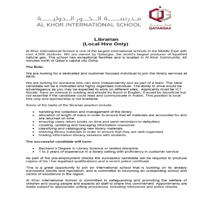 AKIS Vacancy: Librarian (Local Hire Only) - August 2019