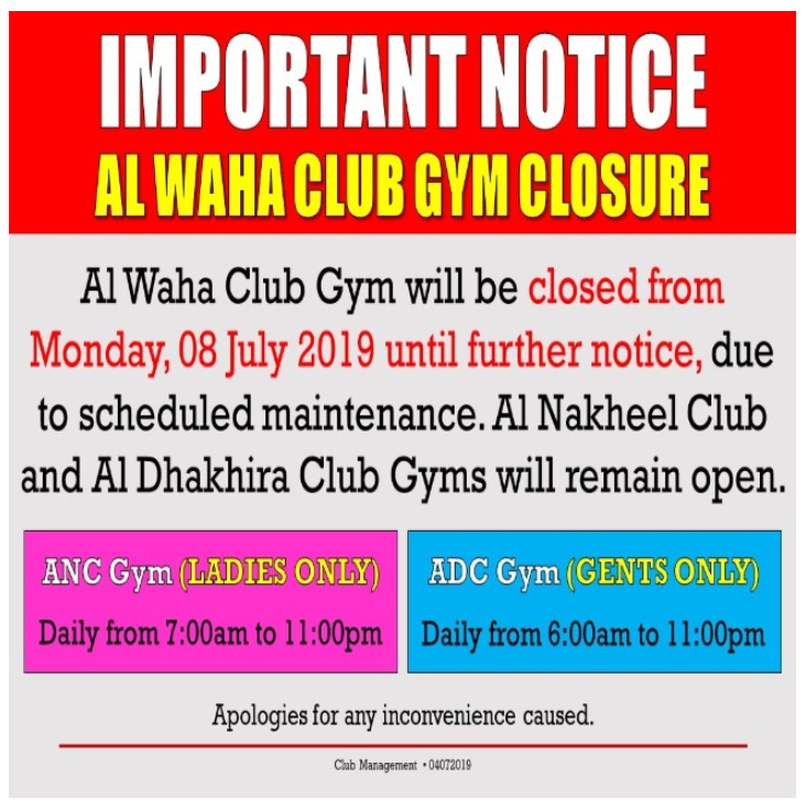 Important Notice: AWC Gym Closure - July 2019