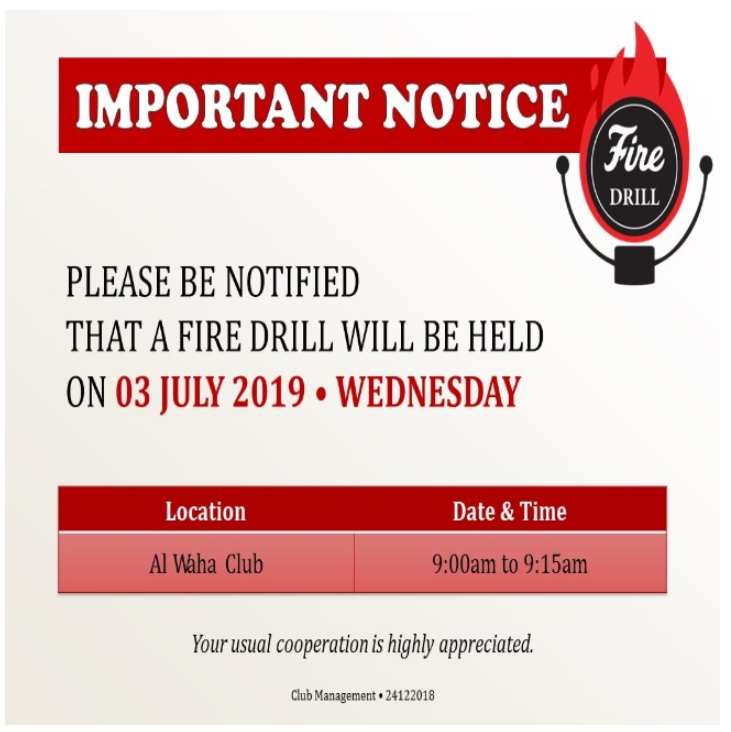 Important Notice: July 2019 Fire Drill Schedule
