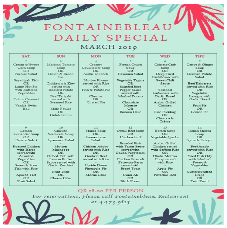 Fontainebleau Daily Special - March 2019