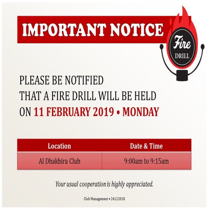 February 2019 Fire Drill Schedule