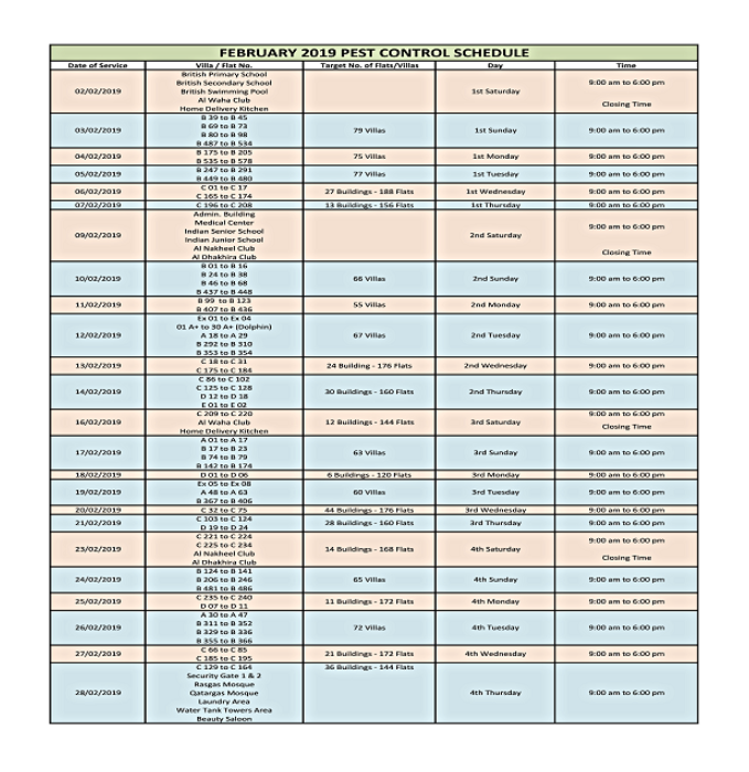 February to April 2019 Pest Control Schedule