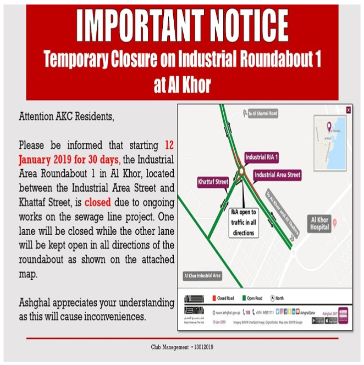 Important Notice: Temporary Closure on Industrial Roundabout 1 at Al Khor