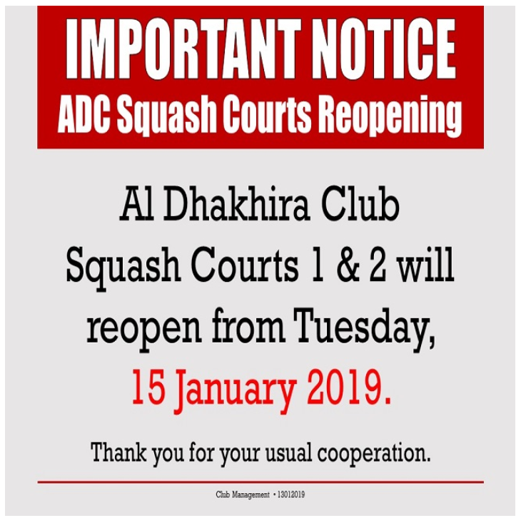 Important Notice: ADC Squash Courts Reopening