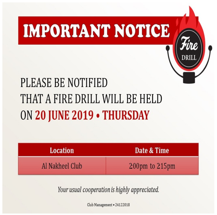 Important Notice: Fire Drill - June 2019