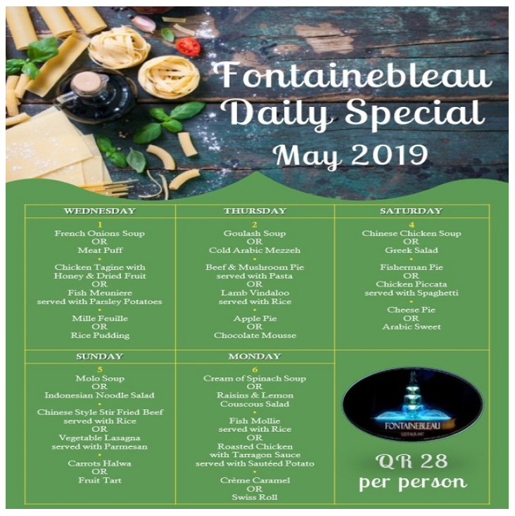 Fontainebleau Daily Special - May 2019