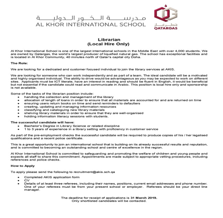 AKIS Vacancy: Librarian (Local Hire Only)