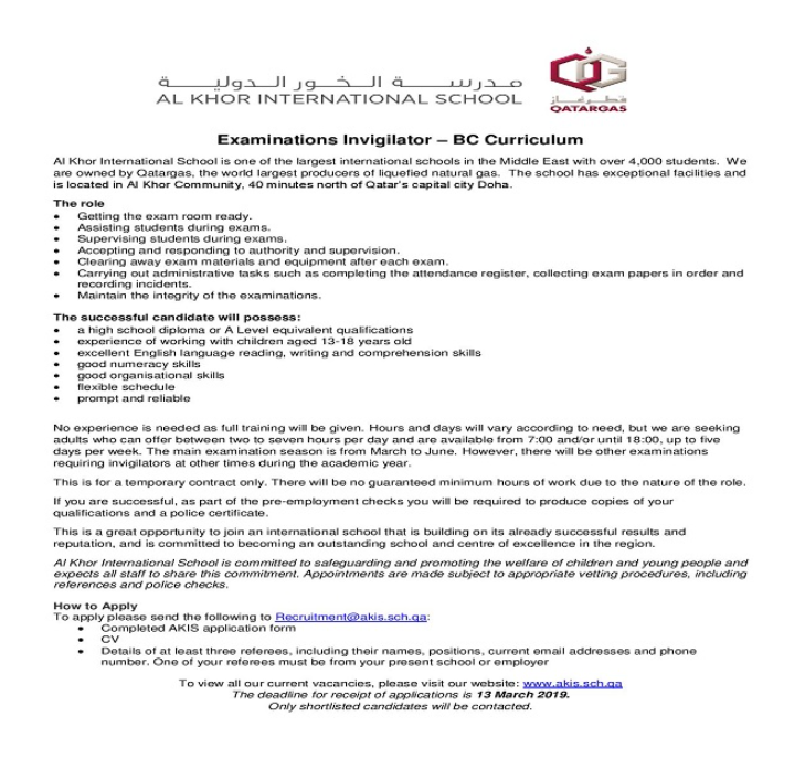 AKIS Vacancy: Examinations Invigilator (BC Curriculum) - March 2019