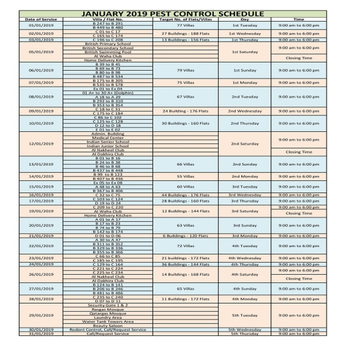 January 2019 Pest Control Schedule