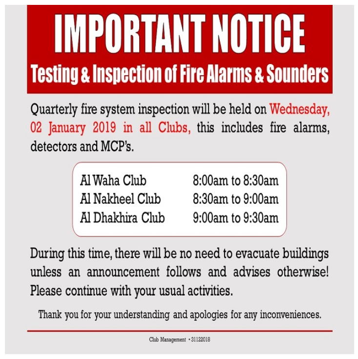 Important Notice: Testing & Inspection of Fire Alarms & Sounders