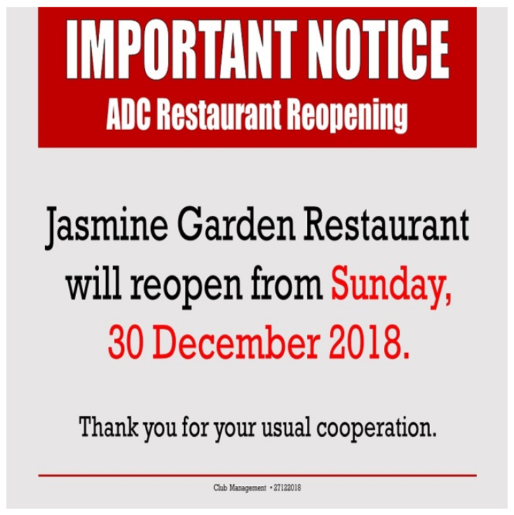 Important Notice: ADC Restaurant Reopening