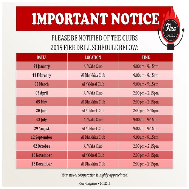 Important Notice: Clubs 2019 Fire Drill Schedule
