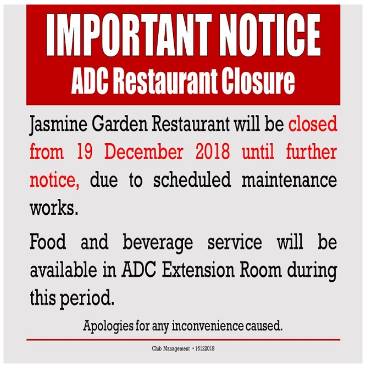 Important Notice: ADC Restaurant Closure