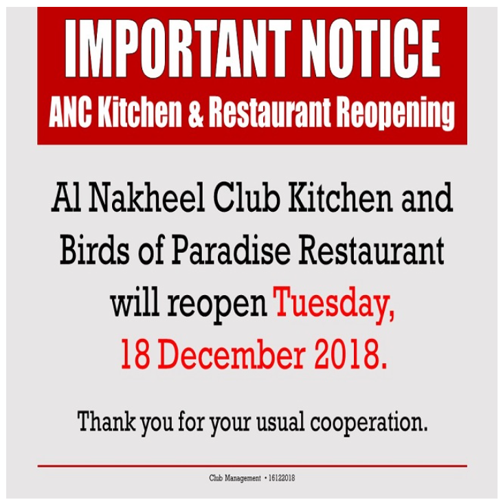 Important Notice: ANC Kitchen & Restaurant Reopening