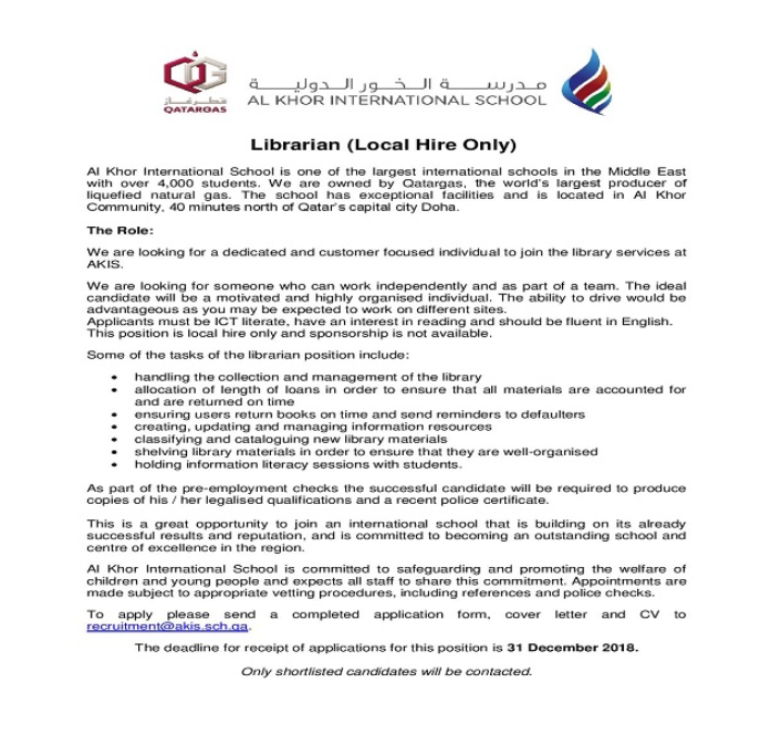 AKIS Vacancy: Librarian (Local Hire Only) - December 2018