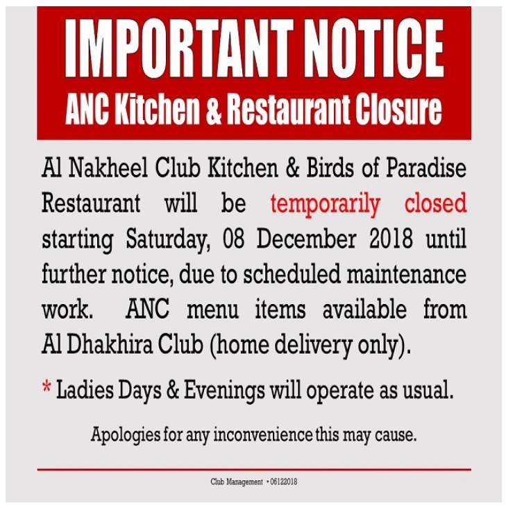 Important Notice: ANC Kitchen & Restaurant Closure