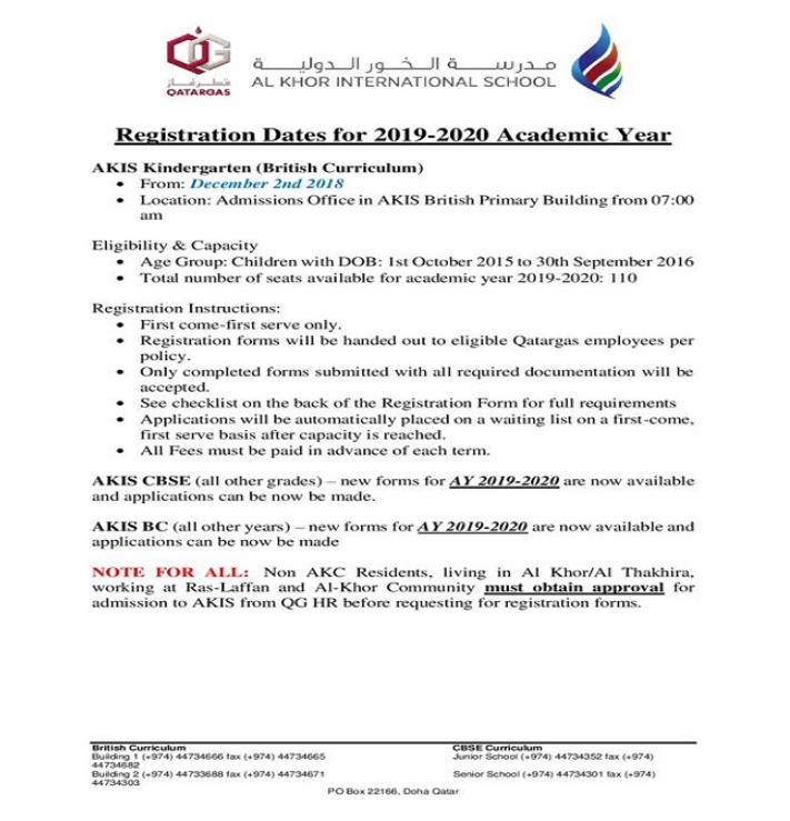 AKIS Kindergarten (British Curriculum) Registration Dates for AY 2019-2020