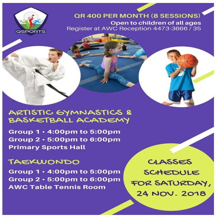 QSports Classes Schedule for 24 November 2018