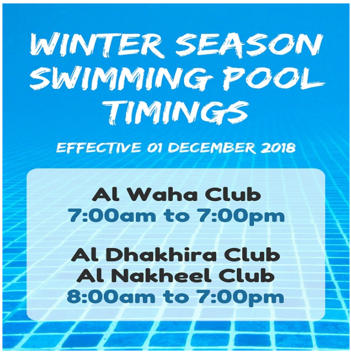 Winter Season Swimming Pool Timings