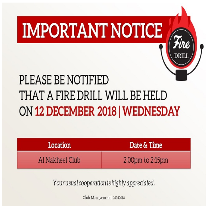 Important Notice: Fire Drill Schedule - December 2018