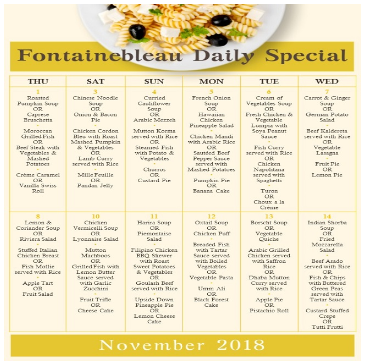 Fontainebleau Daily Special - November 2018