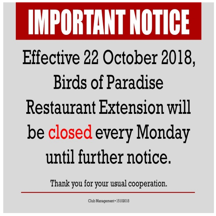 Important Notice: Birds of Paradise Restaurant Extension Closure