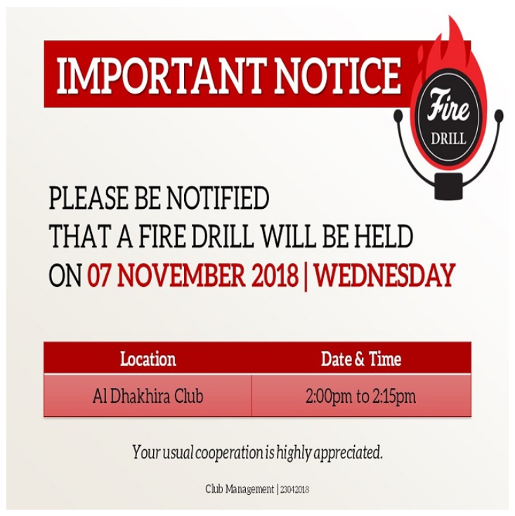 Important Notice: Fire Drill Schedule - November 2018