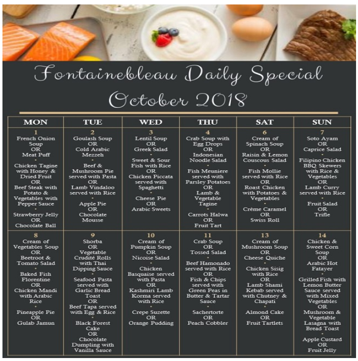 Fontainebleau Daily Special - October 2018