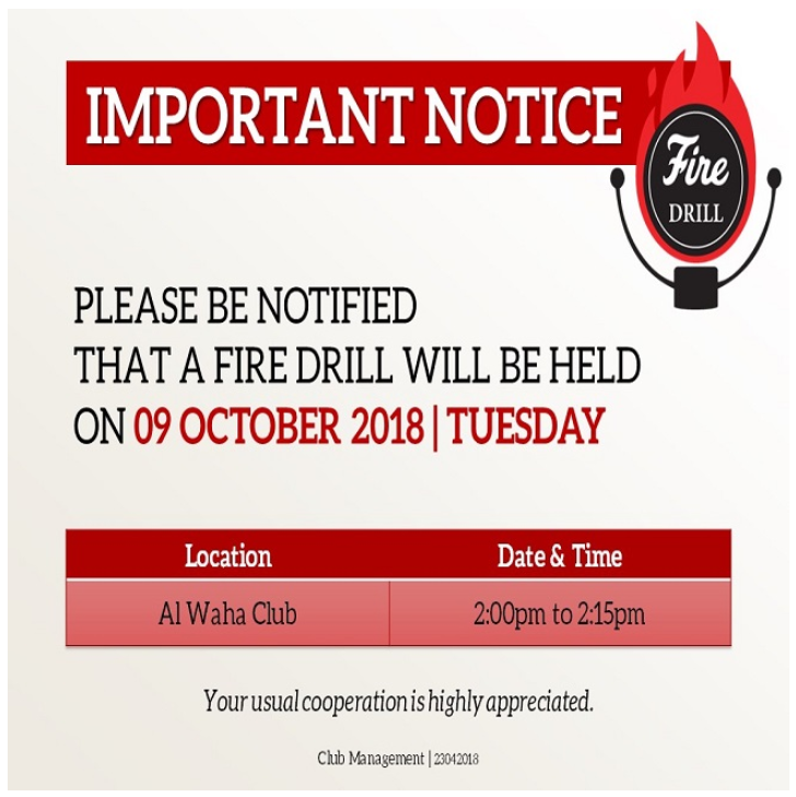 Important Notice: Fire Drill Schedule - October 2018