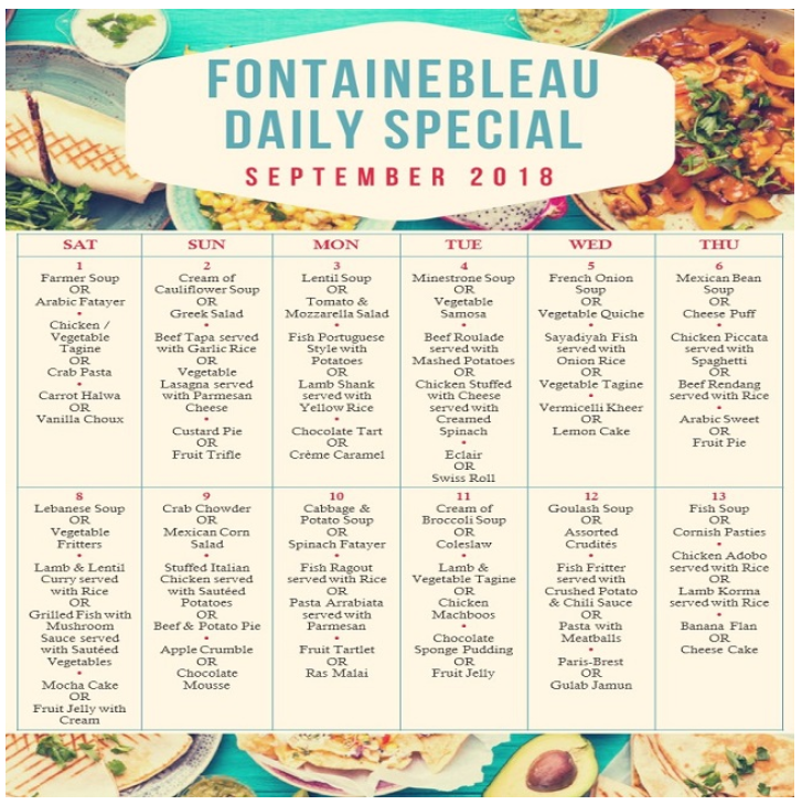 Fontainebleau Daily Special - September 2018