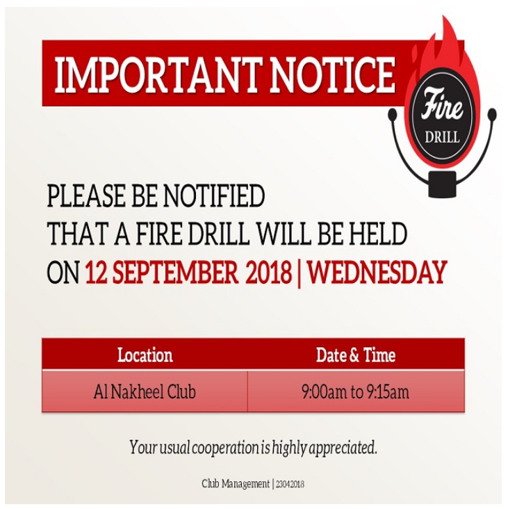 Important Notice: Fire Drill Schedule - September 2018