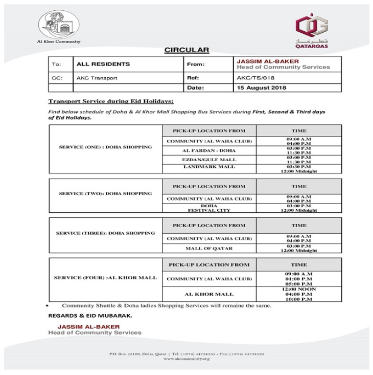Eid al Adha 2018: Shopping Bus Schedule
