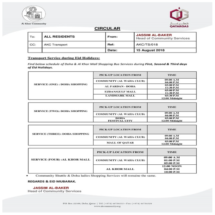 Eid al Adha 2018: Shopping Bus Schedule