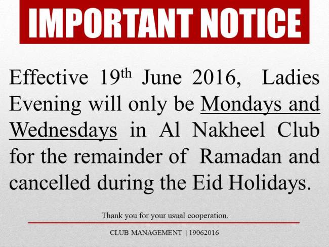 Important Notice: ANC Ladies Evening Schedule